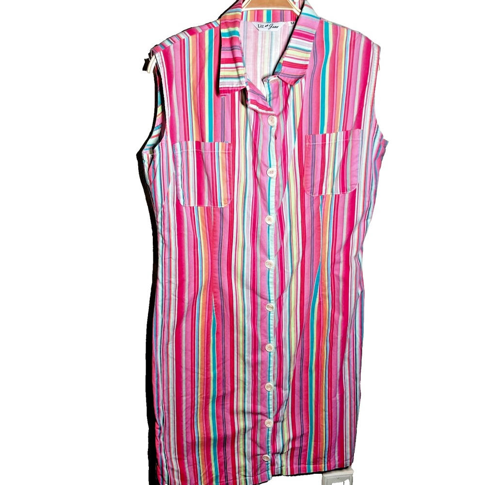 Vintage Liz and Jane Pre Shrunk Cotton Striped multi Vibrant Stretch Dress Sz M